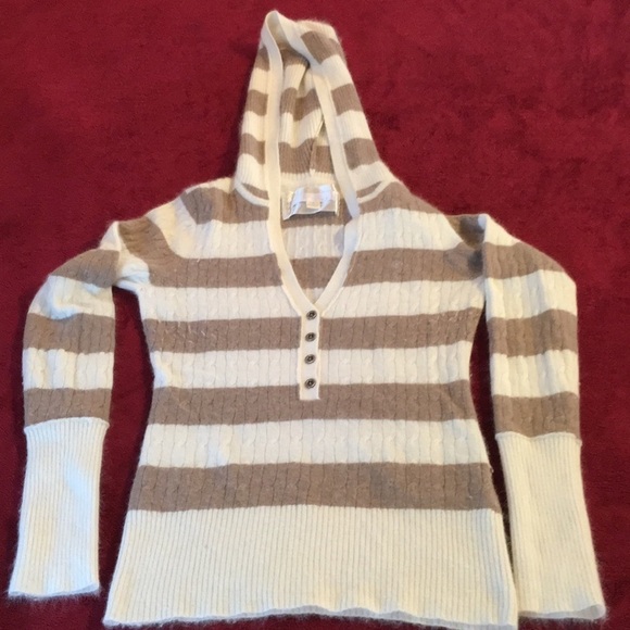 Beige and Cream Striped Angora hooded sweater - Picture 1 of 5